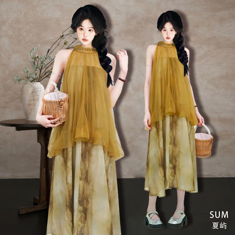 Sum Bamboo Mist Forest·Elegant Halter Neck Mesh Tie-Dye Chiffon Skirt Fake Two-Piece Dress Summer Women 2026 Spring/Summer Sum Bamboo Mist Forest·Elegant Halter Neck Mesh Tie-Dye Chiffon Skirt Fake Two-Piece Dress Summer Women 2026 Spring/Summer