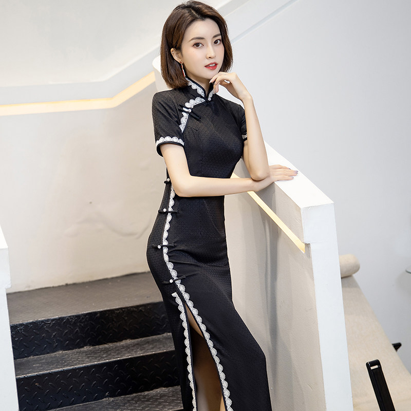 Black Improved Qipao Woman 2022 New youthful High-end temperament Noble Republic Retro Long Version Foreign Dress