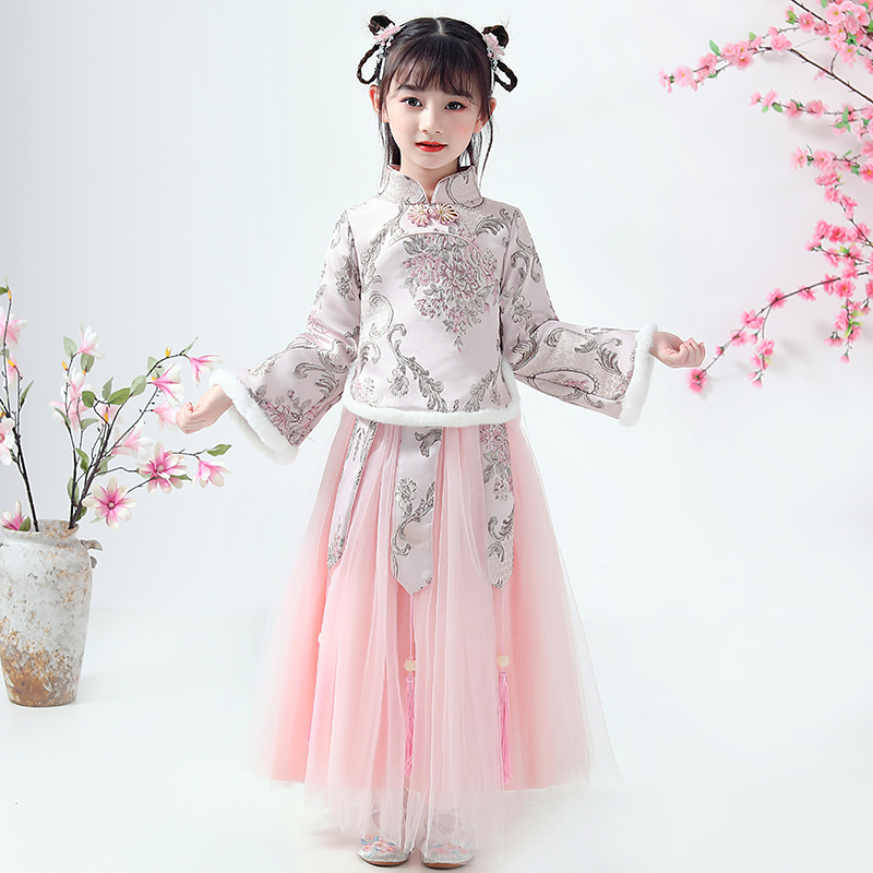 Hanfu Girls Winter China Wind Chinese Winter Clothing Autumn Winter Plus Suede Thickened Children Don's dress Women Long sleeves New Year's Eve wear
