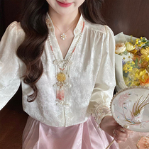 Porcelain Blue Star Flower] embroidery New Chinese long sleeve shirt woman shirt 2024 new national wind blouse spring womens clothing
