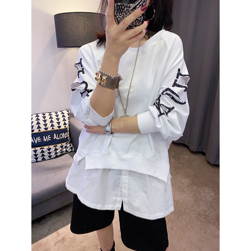 Western-style fake two-piece sweater women's Korean version loose letter printing 2022 spring and autumn new women's clothing European station European trend