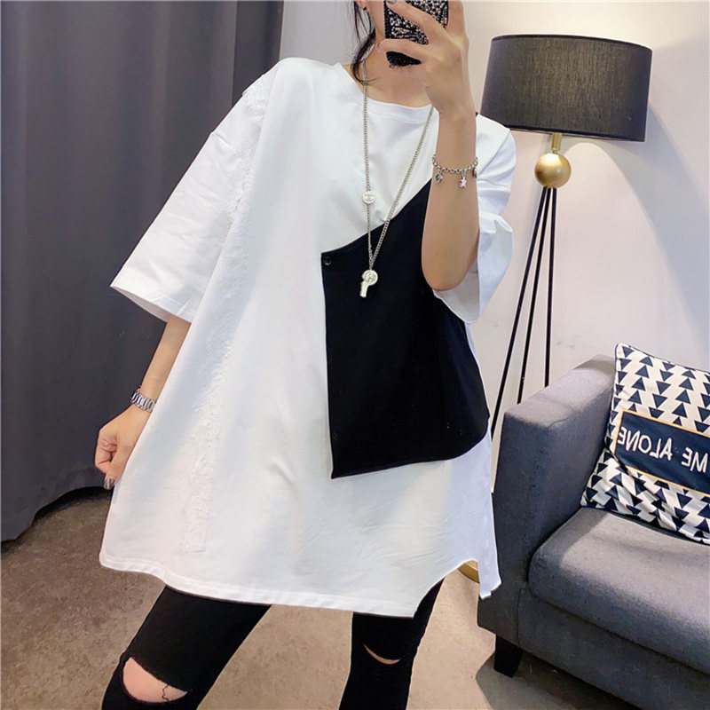Fake two-piece stitching top white t-shirt women's short-sleeved Korean fashion spring and summer 2022 new European station European goods