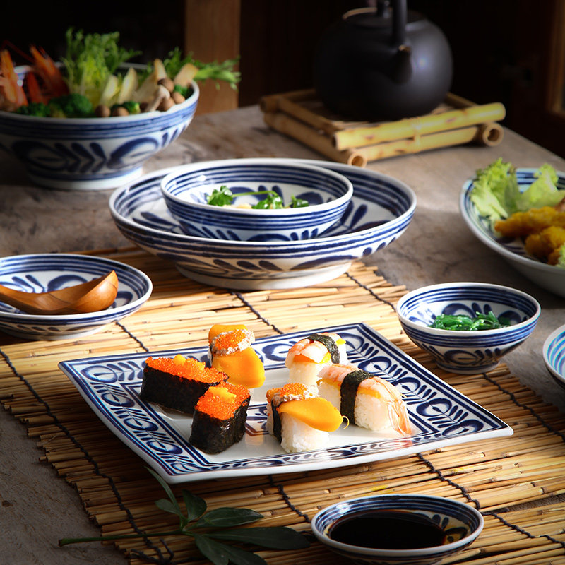 Japanese household tableware blue sea grass net red ceramic tableware household set noodle rice bowl plate underglaze color hand-painted