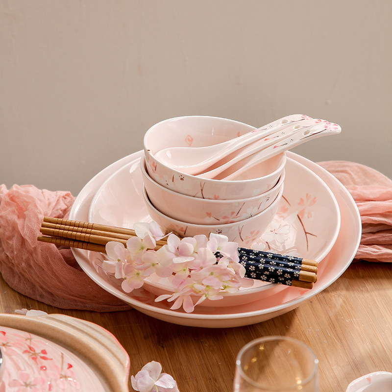 Wantuyaki Japanese tableware set bowl and plate household ceramic rice bowl plate combination hand-painted cherry blossom underglaze color