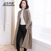 Autumn and winter long loose bat sleeve fat MM shawl over knee knitted wool cardigan plus size thick sweater coat