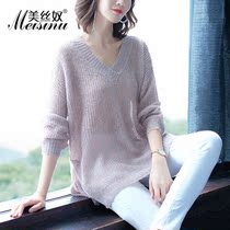 2019 early autumn fat MM very fairy V-neck sweater female lazy style new large size loose thin hollow knitted sweater