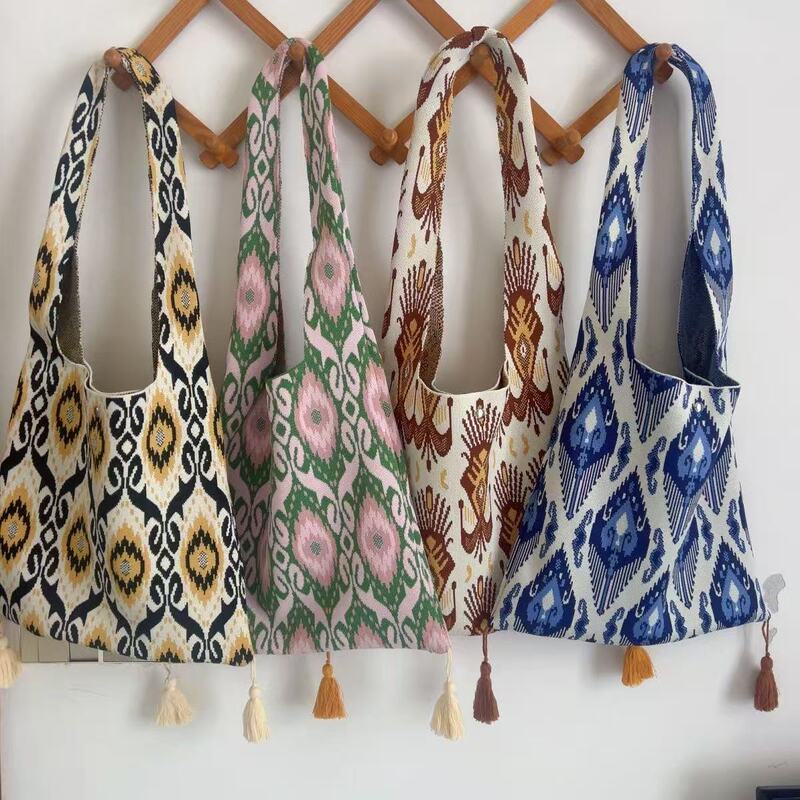 New Ethnic Style Adelaide Pattern Knitted Bag Woven Shoulder Crossbody Bag Xinjiang Large Tassel Underarm Bag New Ethnic Style Adelaide Pattern Knitted Bag Woven Shoulder Crossbody Bag Xinjiang Large Tassel Underarm Bag