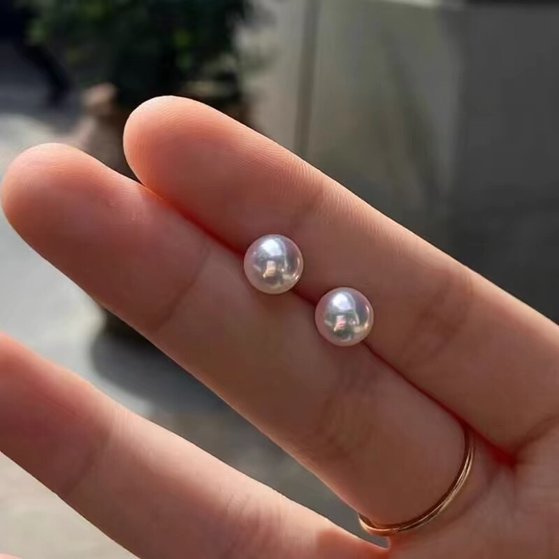 Perfectly Round Natural Freshwater Akoya Pearl Earrings, Basic Style, S925 Silver Plated with 18K Gold