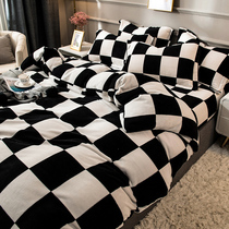 Milk suede four pieces of winter plush bed linen double face suede black and white quilt cover thick gushed coral suede three-piece cover