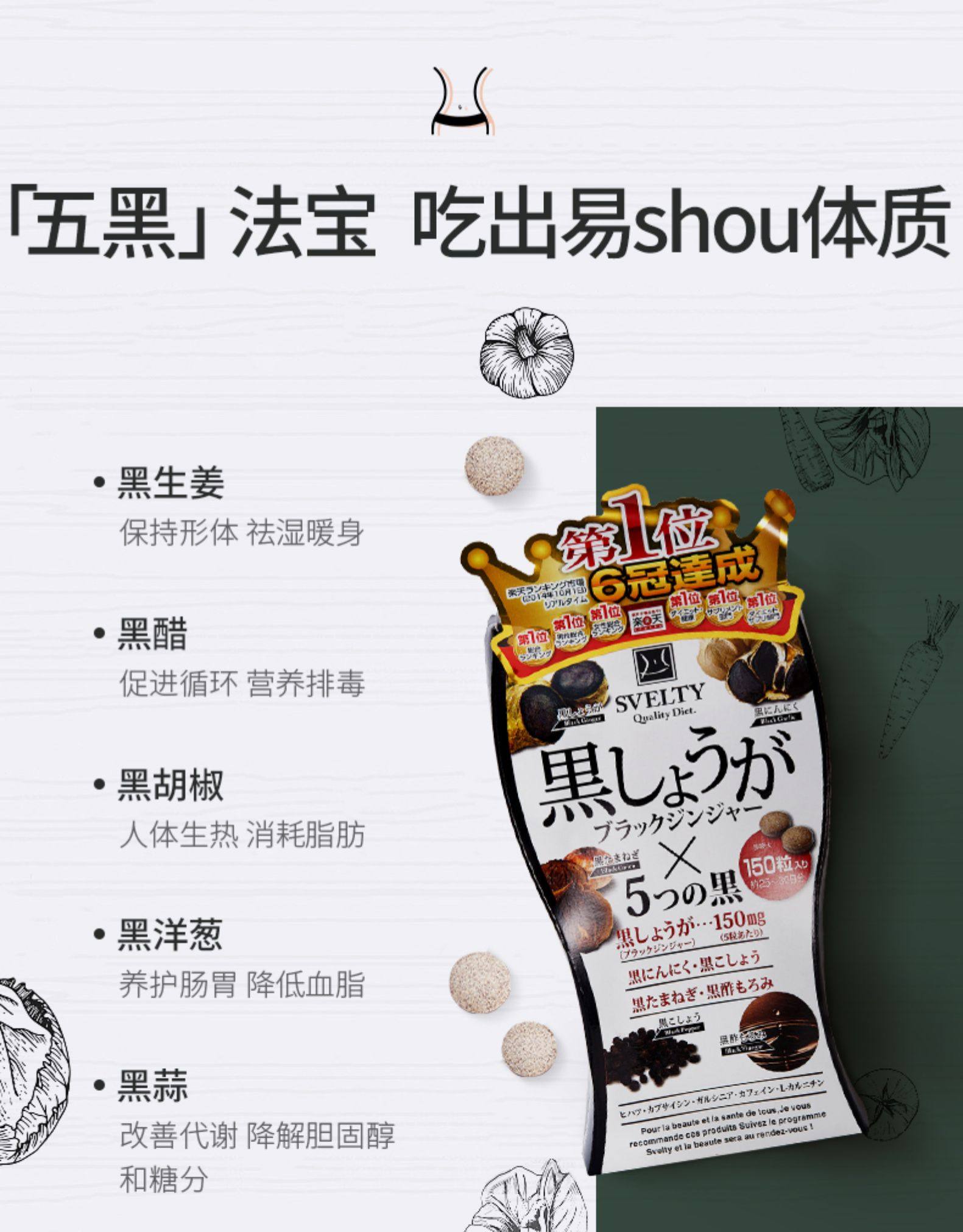 【日本直邮】SVELTY丝蓓缇黑生姜排湿丸暖身颗粒消水肿酵素消水丸150粒