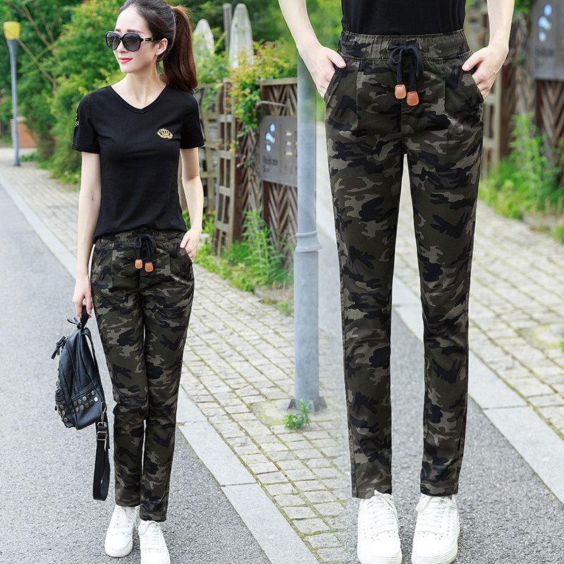 2022 Women's Summer High Waist Camouflage Suits Casual Black Short Sleeves Outdoor Large Size Cotton Trousers Two Piece Set