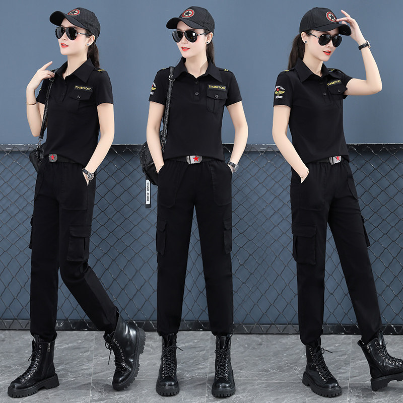 Summer Water Soldier Dance Tooling Suit Woman Tide New Pure Cotton Fashion Army Green T-shirt Casual Large Size Elastic Blouse