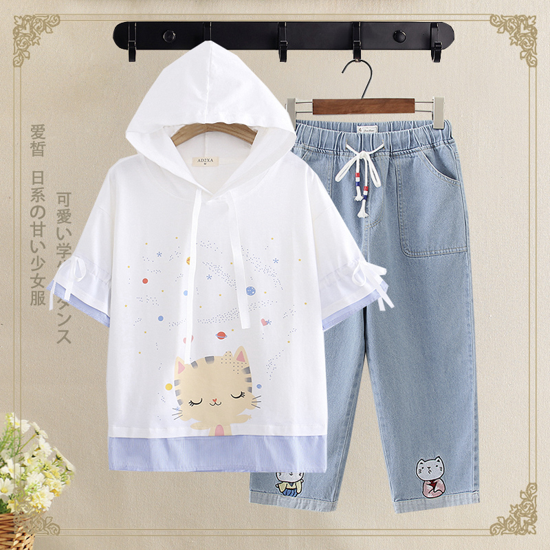 Junior high school student casual suit female 2021 new girl summer two-piece college style middle school student summer suit female