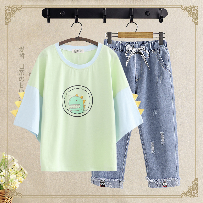 Student summer suit female casual sports two-piece suit 2020 junior high school students cute top T-shirt female 15-17
