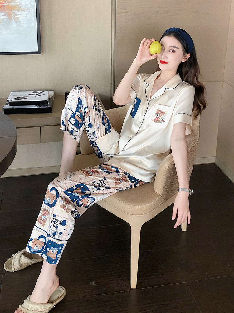 Pajamas women's summer ice silk thin two-piece set 2021 new net red summer silk silk short-sleeved home wear
