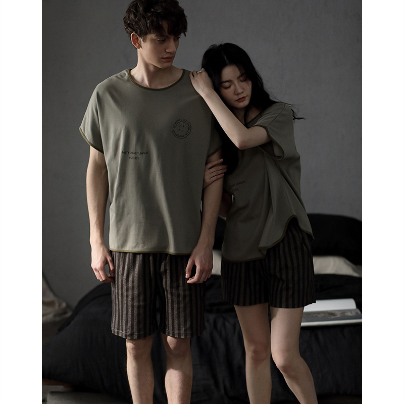 Couple pajamas Women's summer thin cotton short-sleeved home clothes can be worn outside men's summer loose and casual two-piece