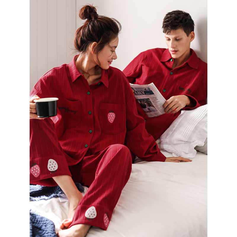 Couples pajamas Women's Spring and Autumn long sleeves cotton red wedding newlyweds set this year men's autumn and winter home clothes
