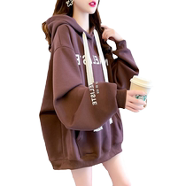 Plus size womens velvet thickened hooded sweatshirt 2022 autumn and winter new Korean style fat mm mid-length loose jacket trendy