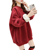 大码女装字母刺绣中长款卫衣女2021年秋冬新款加绒加厚上衣外套潮