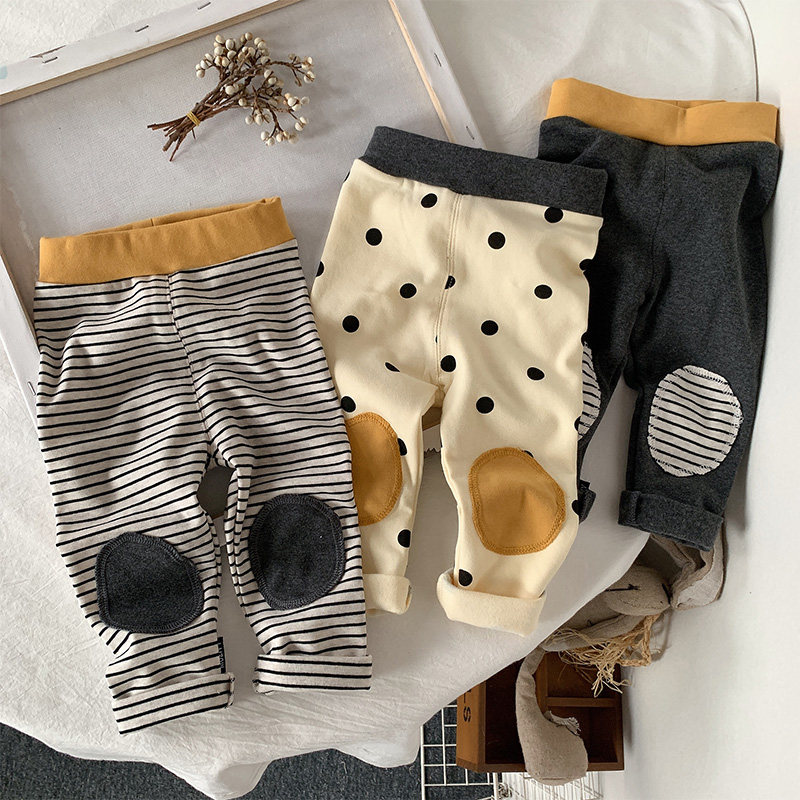 Girl Inside Hitch Pants Spring Autumn Han Edition Girls Foreign Pie Round Dot Pure Color Striped Pants Children Baby Elastic Long Pants