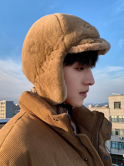 毛绒雷锋帽子男冬季骑车显脸小加绒加厚护耳帽女防寒保暖滑雪帽子