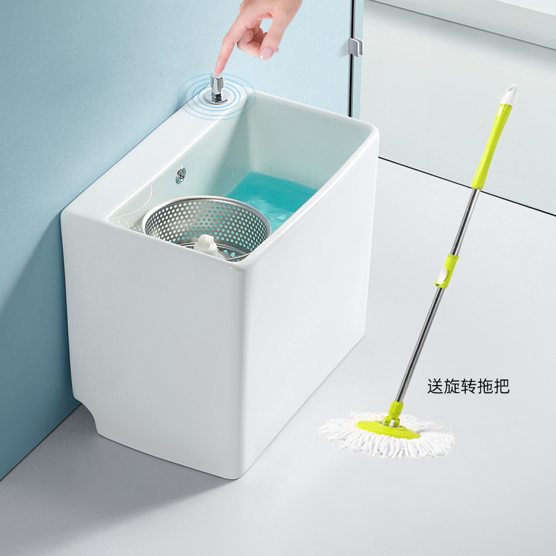 Hicchamp Ceramic Mop Pool Double Drive Large Square Mop Pool Home Balcony Black Mop Basin With Drain Basket
