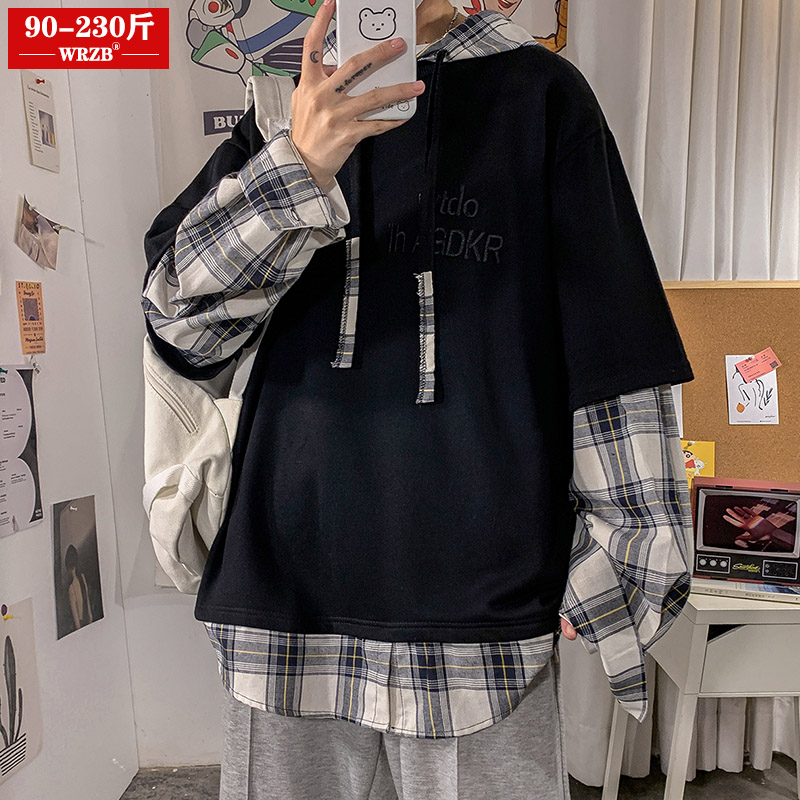 Fat Girl Girl Fake Two Sweatshirt Female Plaid splicing jacket Gats up Overweight Women's Dress Loose Korean version with hat blouse