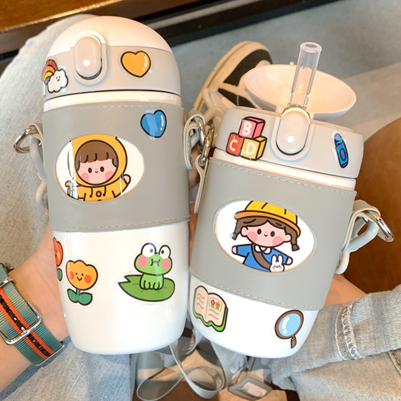Children's thermos cup with straw drinking cup baby kindergarten child anti-fall out cute drinking water bottle