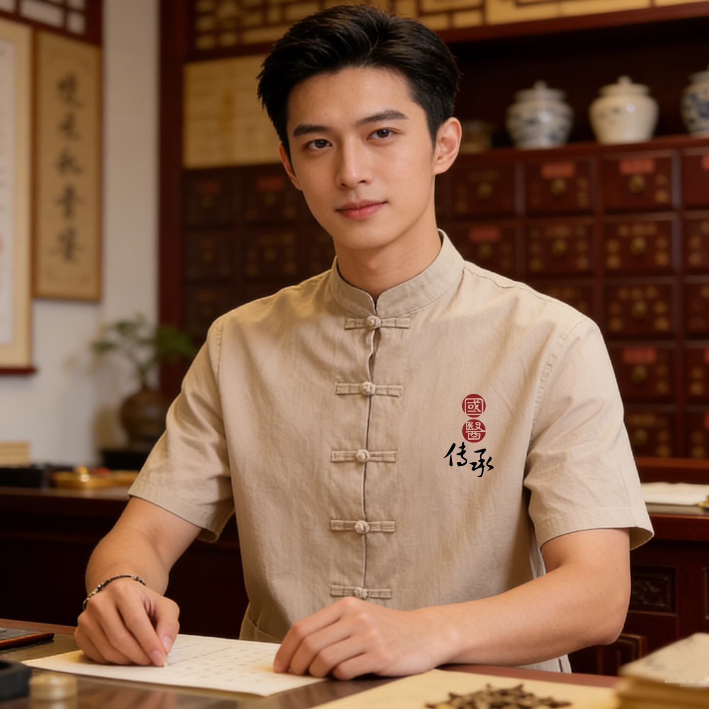 中医大师药剂师工作服定制男女新中式棉麻唐装上衣艾灸养生馆服装