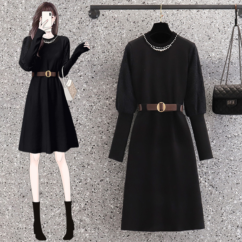 Black Mid-Length Knitted Dress for Women, Autumn 2026 New Style, Plus Size, Stylish and Youthful Base Dress