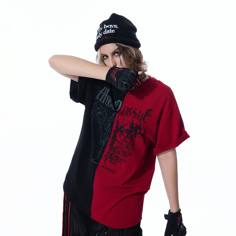 [Celebrity Style] Mogongshe* American-Style Short-Sleeve High-End Trendy Brand T-Shirt with Black and Red Color-Blocking Red Top