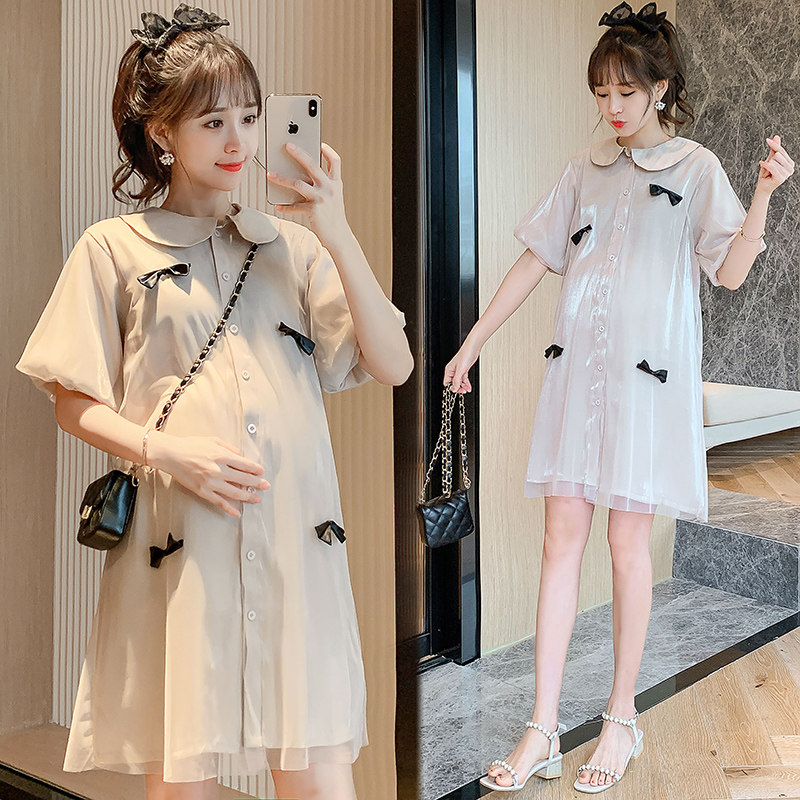Maternity dress summer dress dress mid-length version 2021 new net red fashion bow mesh maternity skirt summer