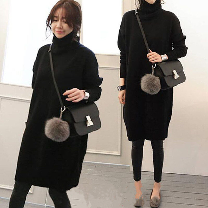 Pregnant women sweaters Long version of the long version of autumn and winter clothes loose Korean version gestation woman dress with large size and high collar thickened needling cardiovert