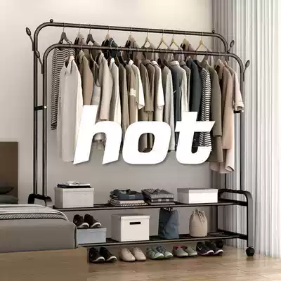 Simple coat rack double pole drying rack floor flat indoor folding hanger household bedroom clothes storage rack