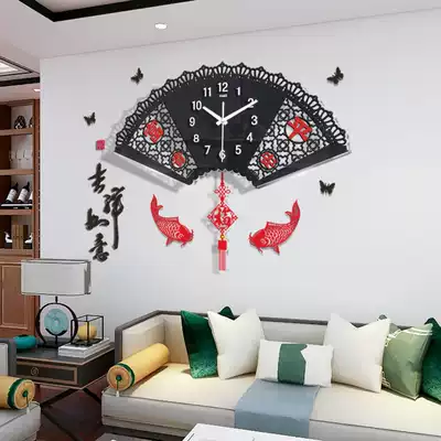 New Chinese art wall clock home living room wall clock creative luminous clock Chinese style atmospheric fan watch