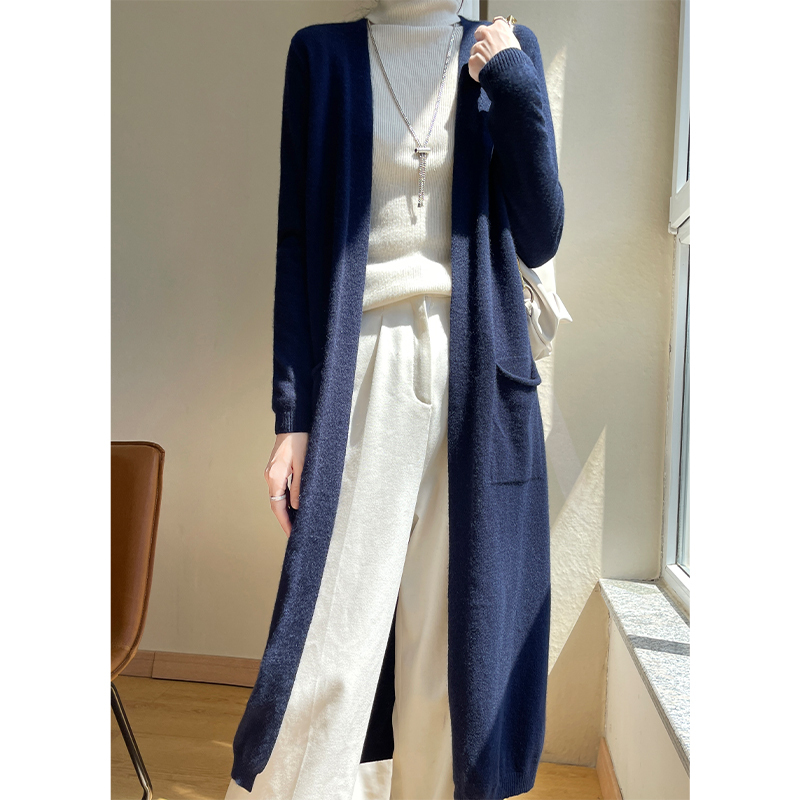 Mid-Length Coat for Women, Spring and Autumn Style, Loose Long-Sleeved Knit Sweater, Over-The-Knee Cardigan, Women's Outerwear, Lazy Style Top
