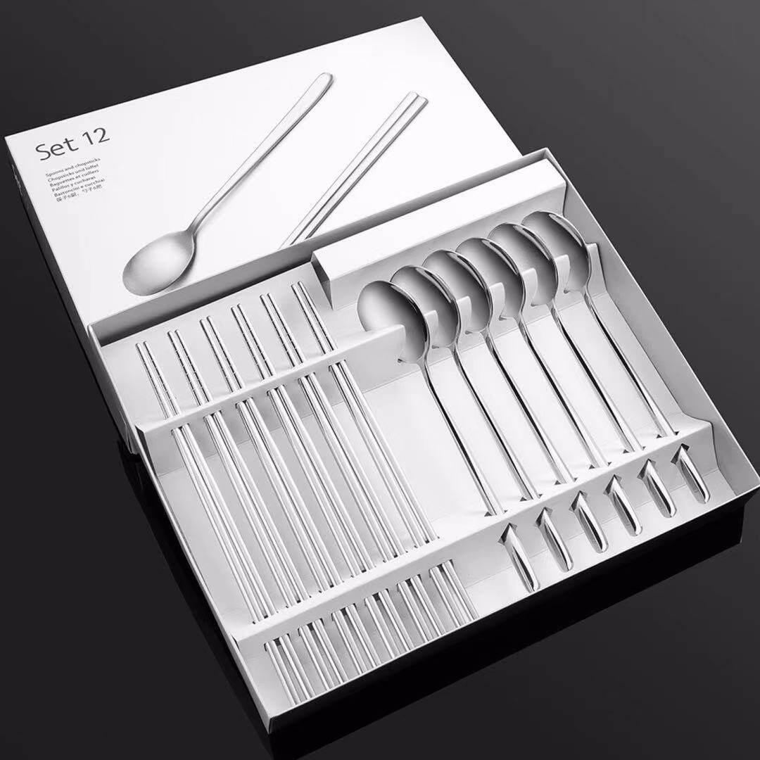 Gift Box Food Grade 340 Stainless Steel Tableware Set Soup Spoon Chopsticks 12-Piece Set
