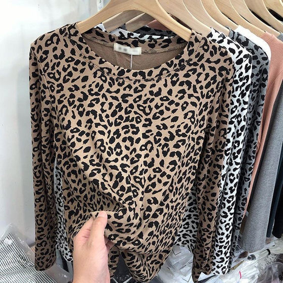 2024 autumn and winter new long-sleeved leopard print T-shirt for women, European style, slim-fitting top, fashionable and versatile bottoming shirt