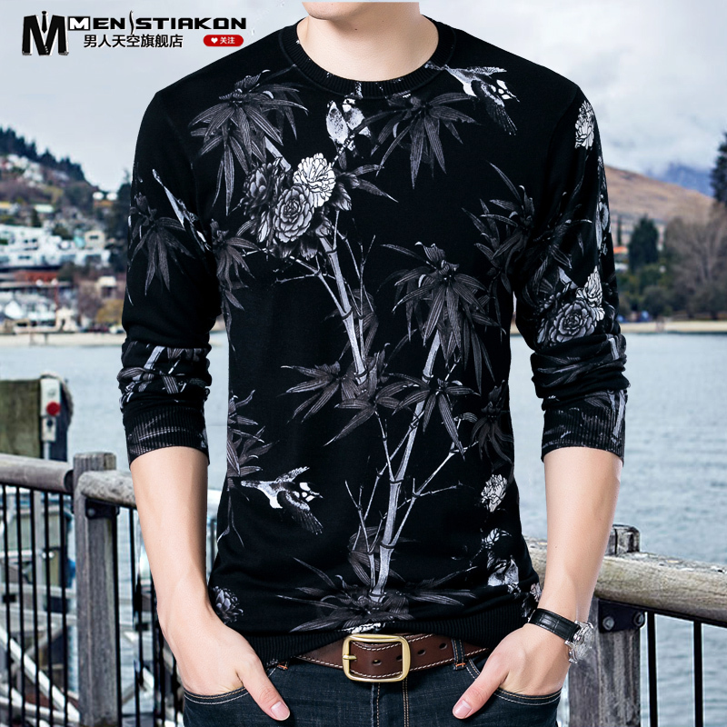 Autumn and Winter Long-Sleeved T-Shirts for Young and Middle-Aged Men, Knitted Sweaters, Spring Fleece-Lined Printed Sweaters, Chinese Style Base Shirts, Men's Clothing