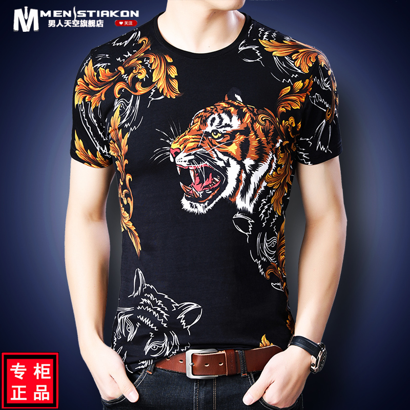 Men's Short-Sleeved Floral T-Shirt with Tiger Print Pattern, Pure Cotton Base Layer, Tiger Head, Summer Round Neck, Trendy Brand Men's T-Shirt
