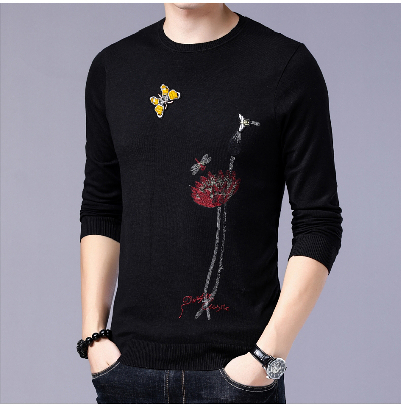 Áo thun nam tay dài mùa thu Kiểu dáng nam Trung Quốc thêu hoa văn rồng hoa T-shirt cá tính thủy triều thương hiệu tròn cổ áo sơ mi mỏng - Áo phông dài áo polo