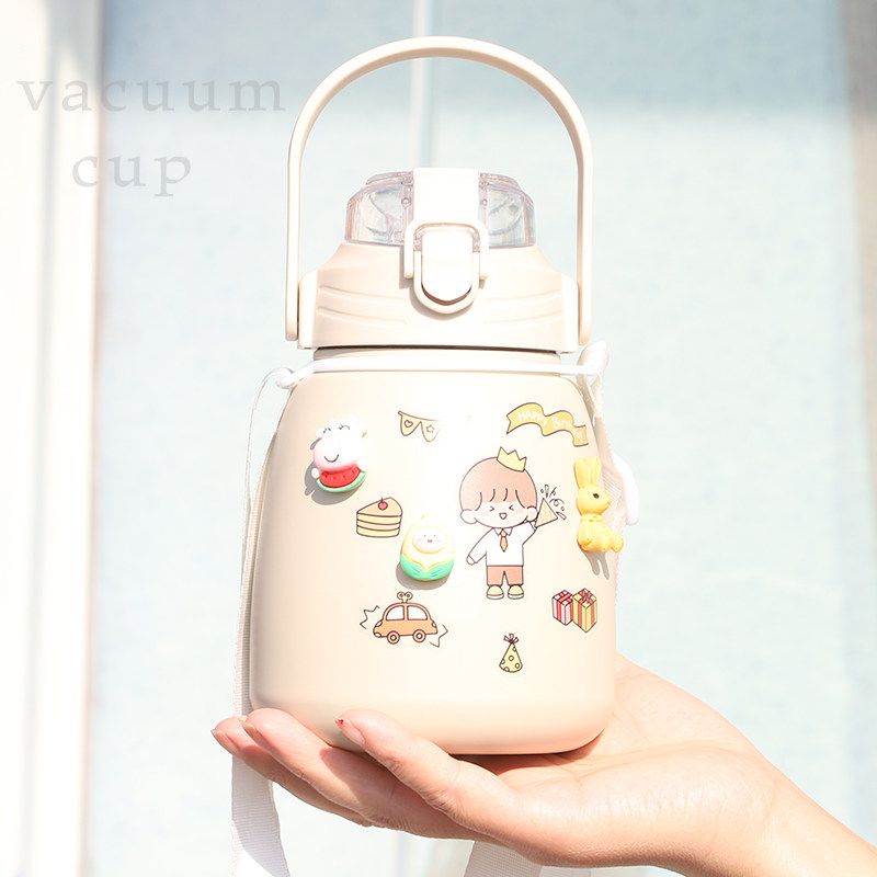 Net red big belly mug female large capacity stainless steel student water bottle holding baby bag lanyard children cartoon straw cup
