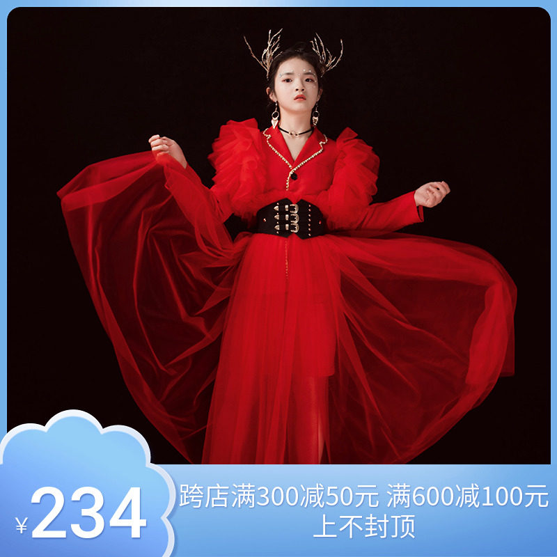 Children's Golden Pearl Big red suit Suit Car Show Gown Gown Girl Model Stage High-end Walk Show Bully National Tide