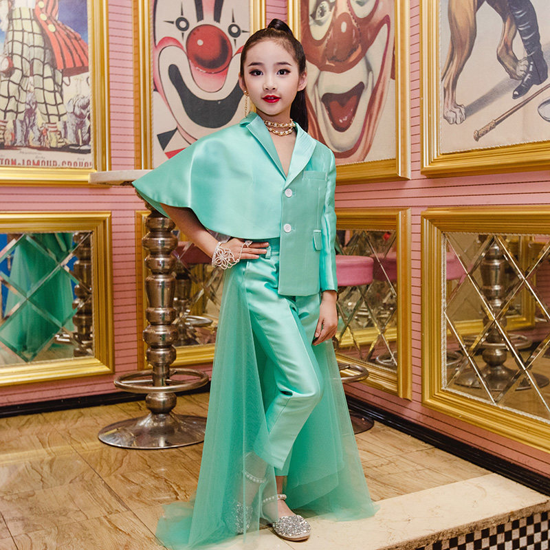 High-end children's dress model runway catwalk costumes turquoise trend team clothing girls personality performance tide