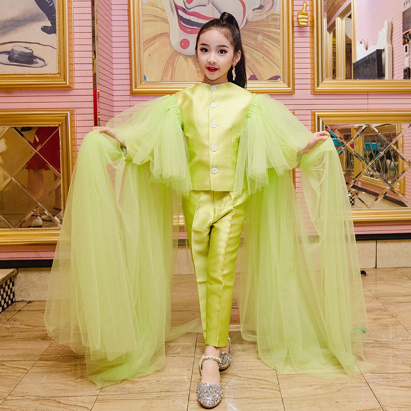 Girls Customized Dress Set Backlay Show Show Clothes High-end Children Model Performing Green Lease