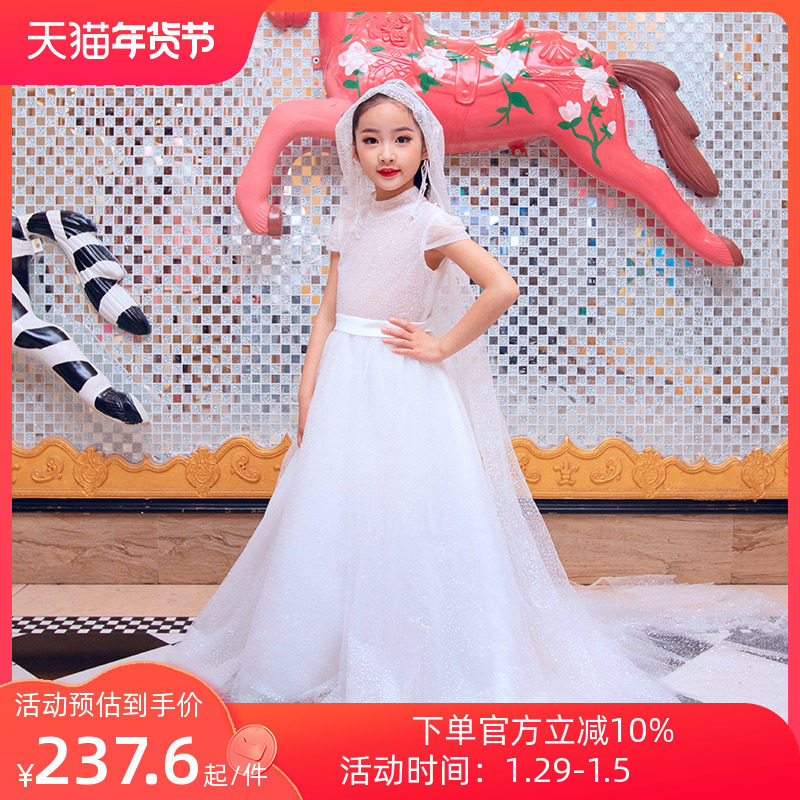 Children's dress girls white tulle clothes new middle and big children's fashion model catwalk piano performance evening dress tide