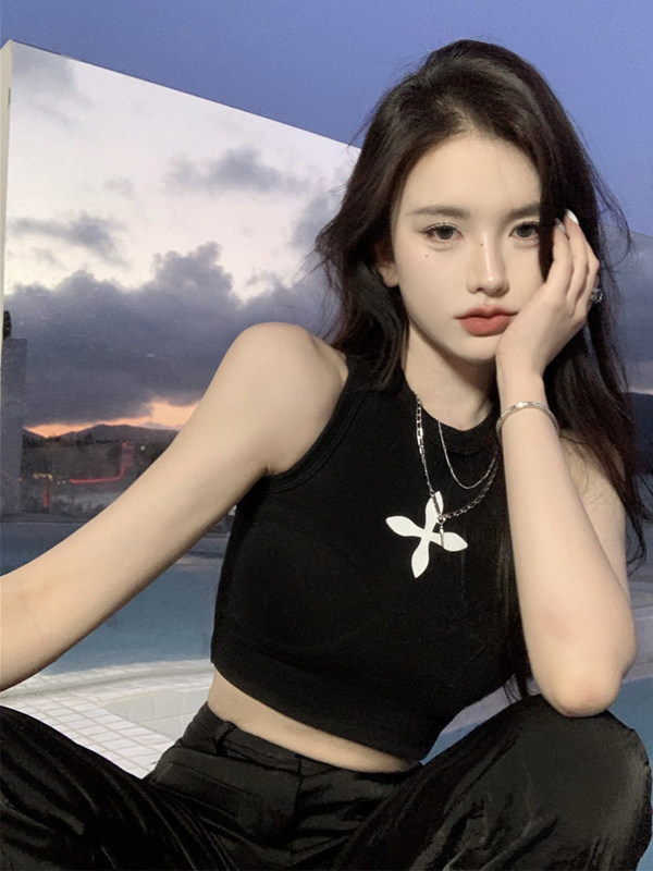 美式甜酷黑色辣妹吊带背心女夏2025新款内搭chic无袖外穿短款上衣