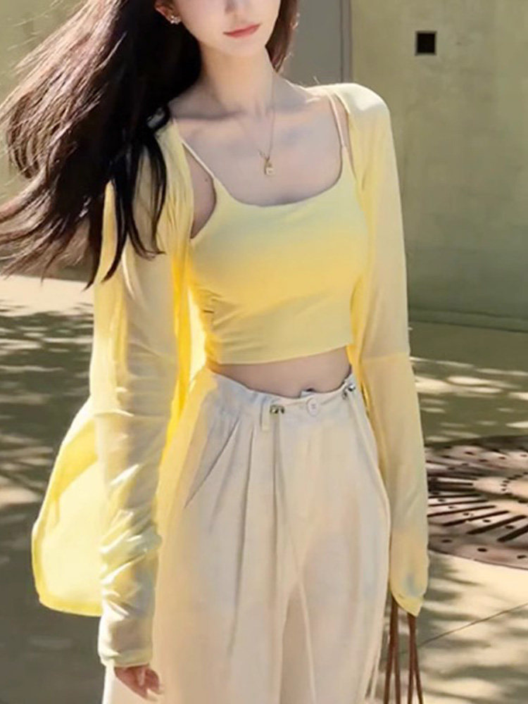 纯欲防晒罩衫女夏季2025新款长袖薄纱坎肩薄款开衫外搭黄色上衣