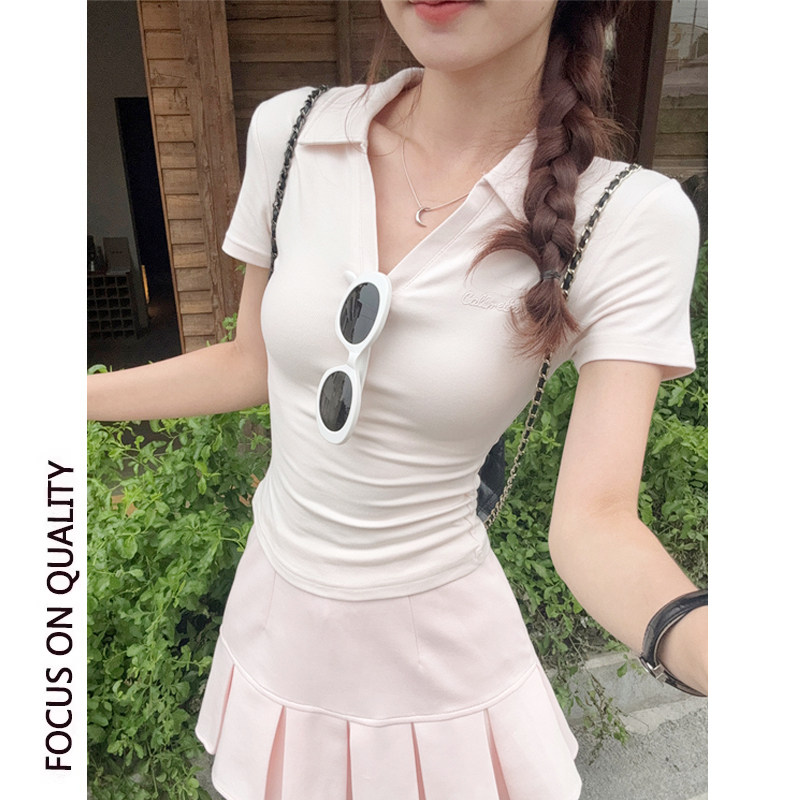 显身材短袖t恤女夏季2025新款韩版粉色辣妹纯欲风掐腰POLO领上衣