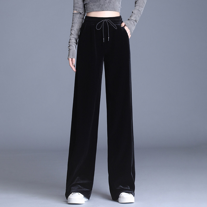 Large size size women pants plus fattening up loose black lengthened straight cylinder Fat MM long pants Mom tightness waist wide leg pants fall